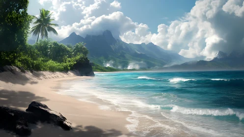 Volcanic Island Beach with Emerald Waters and Tropical Vegetation