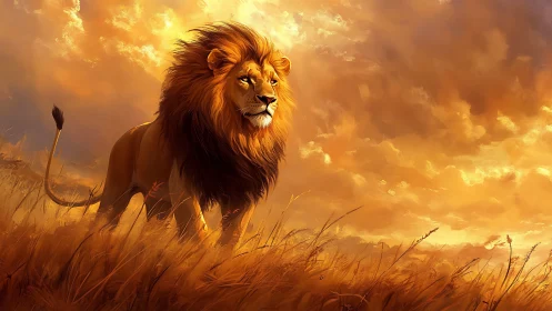 Backlit lion strides through windswept savanna under glowing sky