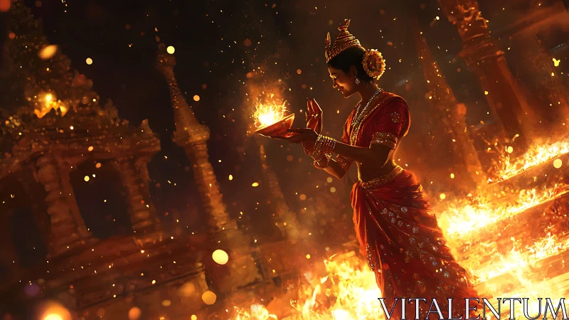 Temple ember dancer cradling sacred fire in twilight blaze.