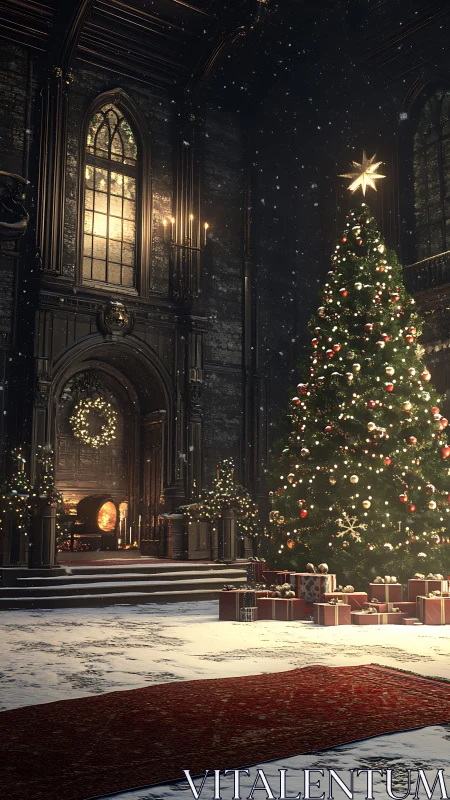 Grand hall Christmas tree with gifts and soft snowfall.