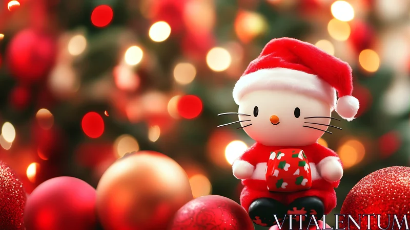 Cute cat Christmas figure holding gift amid baubles.