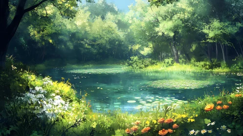 Sunlit forest pond with lilies rendered in serene digital painting