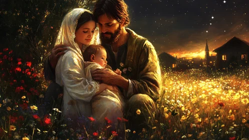 Holy family holding infant in illuminated night meadow