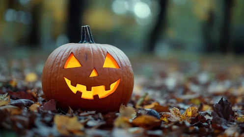 Grinning jack o lantern glows warmly over rustling leaves