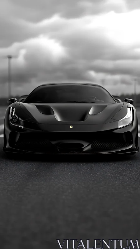 Midnight supercar front view under dramatic storm clouds.