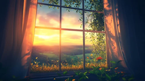 Sunset-lit window framing meadow depth with warm volumetric light