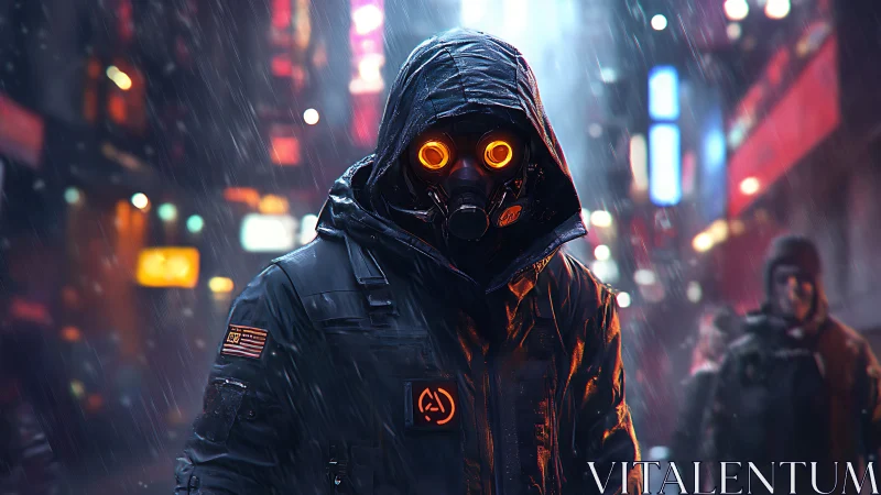 Hooded figure in gas mask with glowing eyes in rainy city
