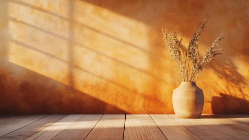 Sunlit ceramic vase with dried grasses against textured wall