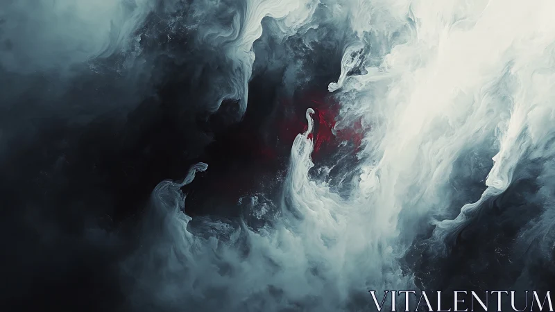 Swirling white smoke streams converge over dark red core