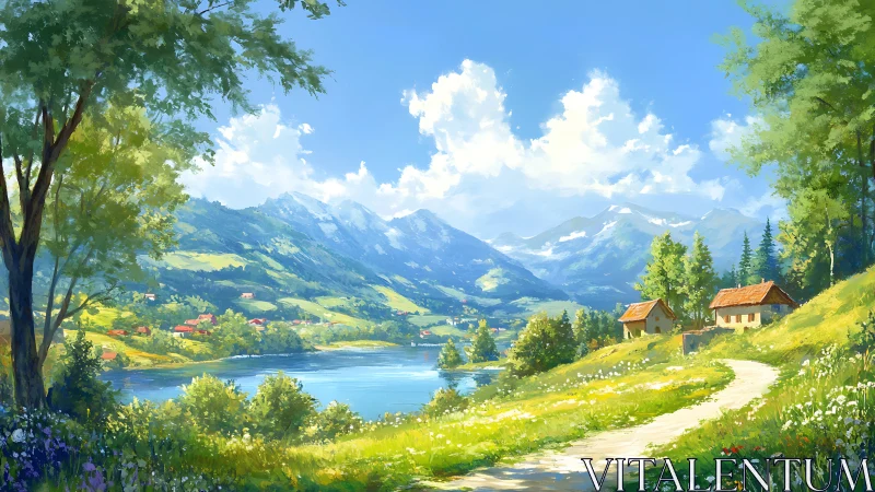 Sunlit lakeside path winding through dream-bright valley fields.