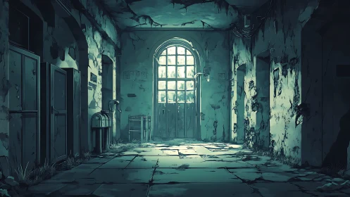 Derelict corridor with broken tiles and barred window.