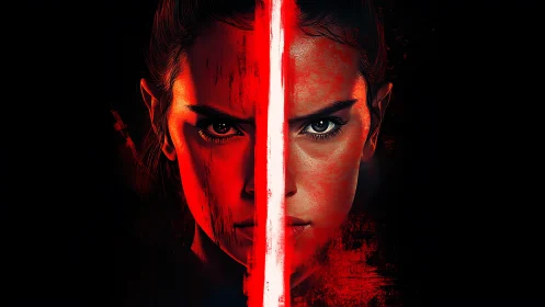 Warrior portrait split by glowing red energy blade.