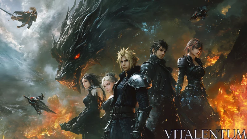 Stormlit heroes stand defiant beneath a raging dragon sky