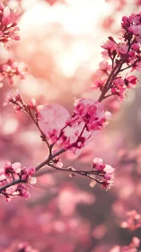 Pink Cherry Blossoms Frame a Heart-Shaped Leaf in Soft Light