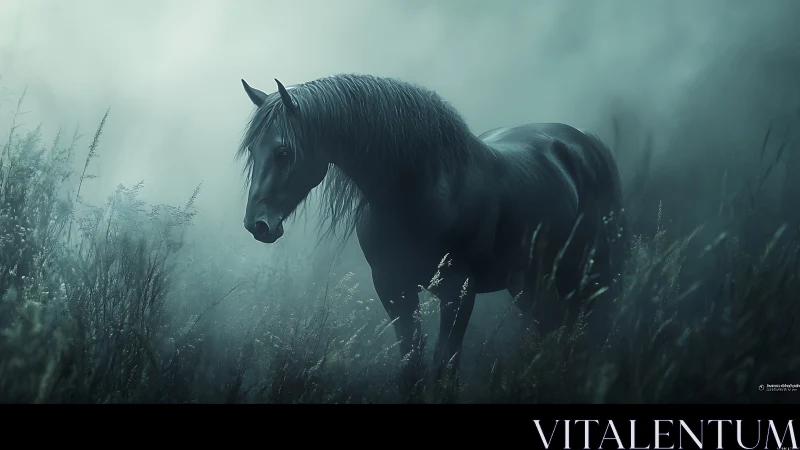 Moody black horse emerges in volumetric fog with soft rim lighting