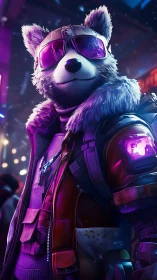 Cool spacefaring raccoon in neon jacket and mirrored shades.