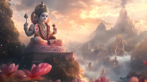 Large seated deity statue above misty temple valley at dawn.