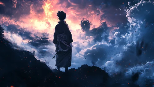 Lone warrior contemplates a storm-split, burning sky