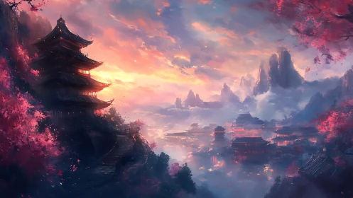 Sunset-illuminated pagoda skyline overlooks misted valley city