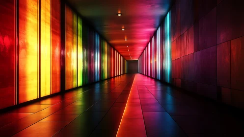 Color drenched hallway glowing with playful neon light.