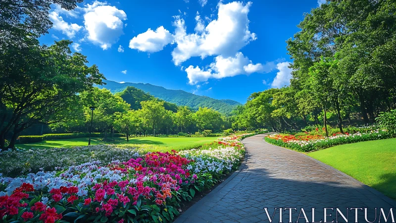 Sunlit botanical garden path with flower borders and hills