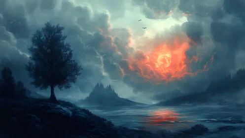 Nocturnal lake vista with fiery celestial vortex sky digital painting.