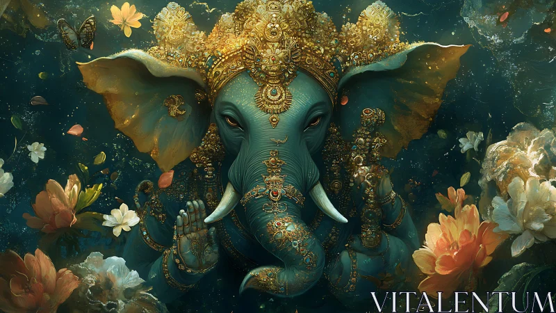 Ornate teal elephant deity with gold filigree and lotus blooms