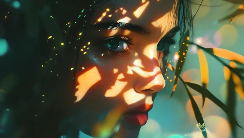 Sunlit portrait of a girl half-veiled in glowing foliage