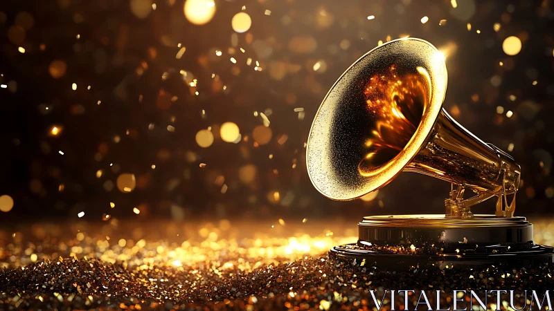 Golden gramophone trophy under dramatic studio lighting.