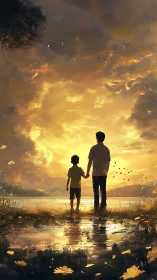 Silhouetted figures at lakeside under illuminated sky.