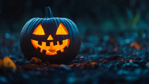 Glowing jack o lantern on dark autumn forest floor.