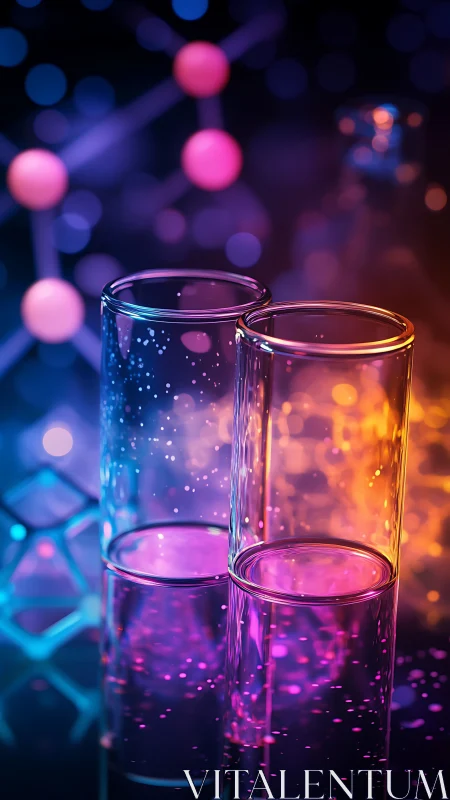 Glowing science tubes in dreamy neon laboratory light.