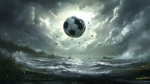 Giant soccer ball over stormy ocean under dark clouds.