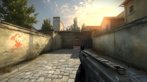 Sunlit alleyway walk through a calm first person game world.