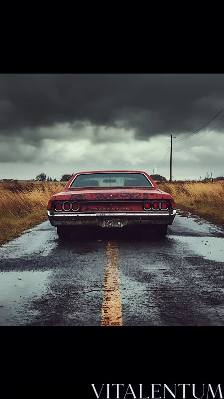 Stormy road holds a lone classic car waiting for new journeys