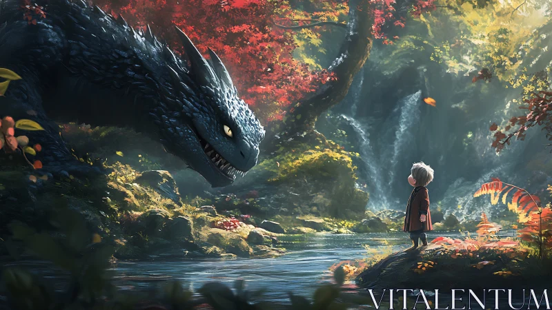 Quiet forest meeting between a shy child and curious dragon.