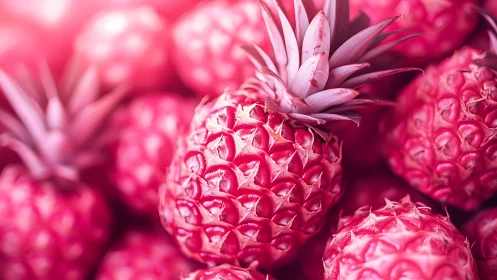 Close-up view of multiple pink pineapples in soft light.