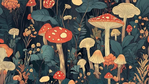 Enchanted forest mushrooms glow softly in lush twilight