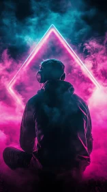 Neon-triangle gamer silhouette in volumetric magenta cyan haze.