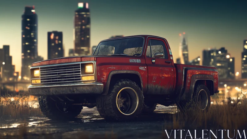 Weathered red pickup truck rests on wet urban outskirts