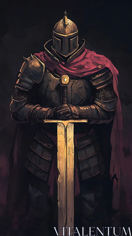 Armored knight grips glowing sword in shadowed vigil.