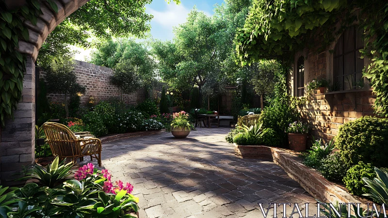 Sunlit stone courtyard garden rendered in photoreal detail
