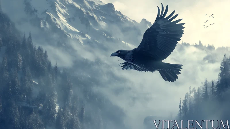 Majestic raven gliding through misty mountain silence.