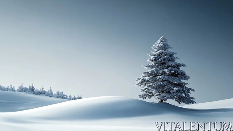 Solitary winter spruce hums over waves of untouched snow