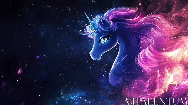 Cosmic blue unicorn with glowing nebula mane in space.