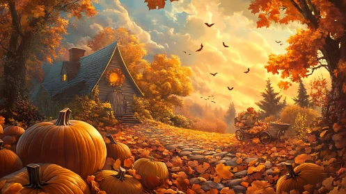 Pumpkin-lantern cottage dreaming in golden autumn dusk.