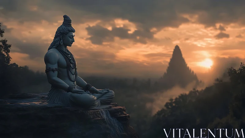 Serene deity statue meditates above misty mountains at dusk