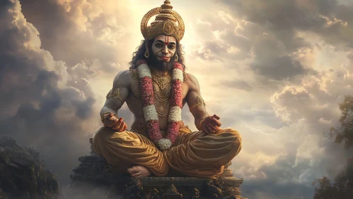 Divine simian deity in serene golden cloud meditation pose.