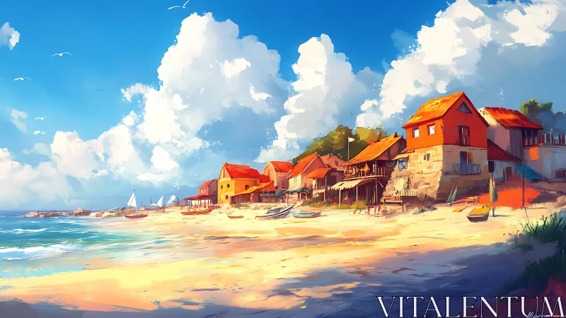 Digital painting of sunlit coastal village beachfront architecture.