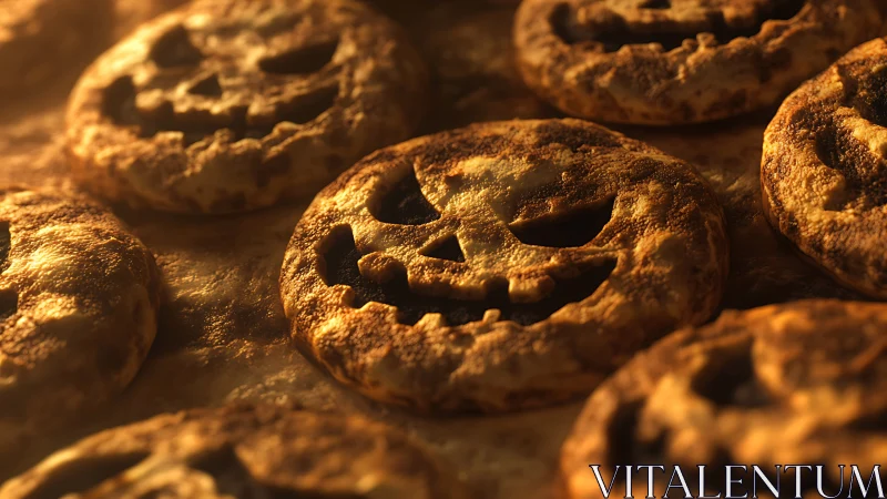 Pumpkin face cookies are arranged in shallow depth of field